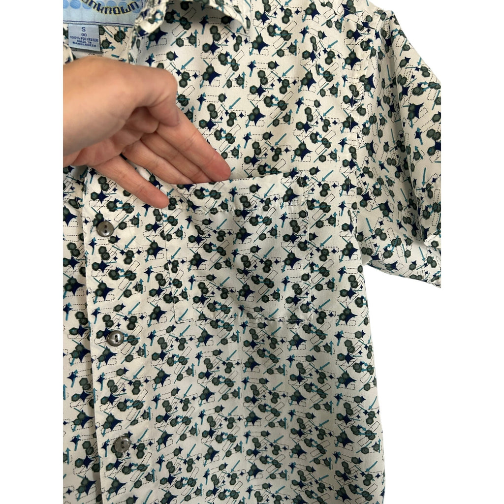 VTG Address Unknown White Teal Navy S Atomic Pattern Retro 90s Mod Poly Button