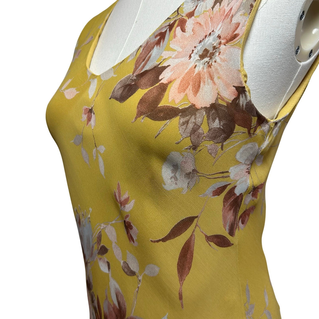 Lily Petite Small Floral Handkerchief Hem 90s Y2K Yellow Rayon Midi Dress P/S
