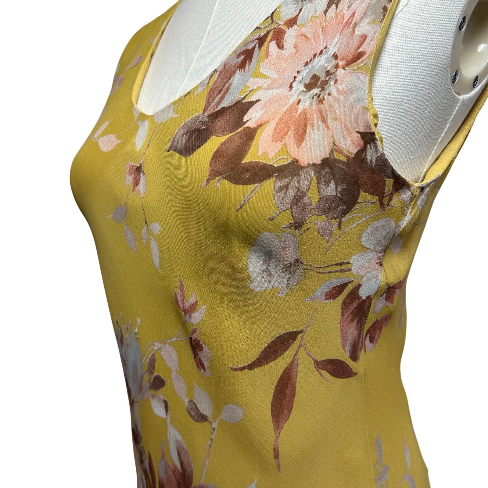 Lily Petite Small Floral Handkerchief Hem 90s Y2K Yellow Rayon Midi Dress P/S