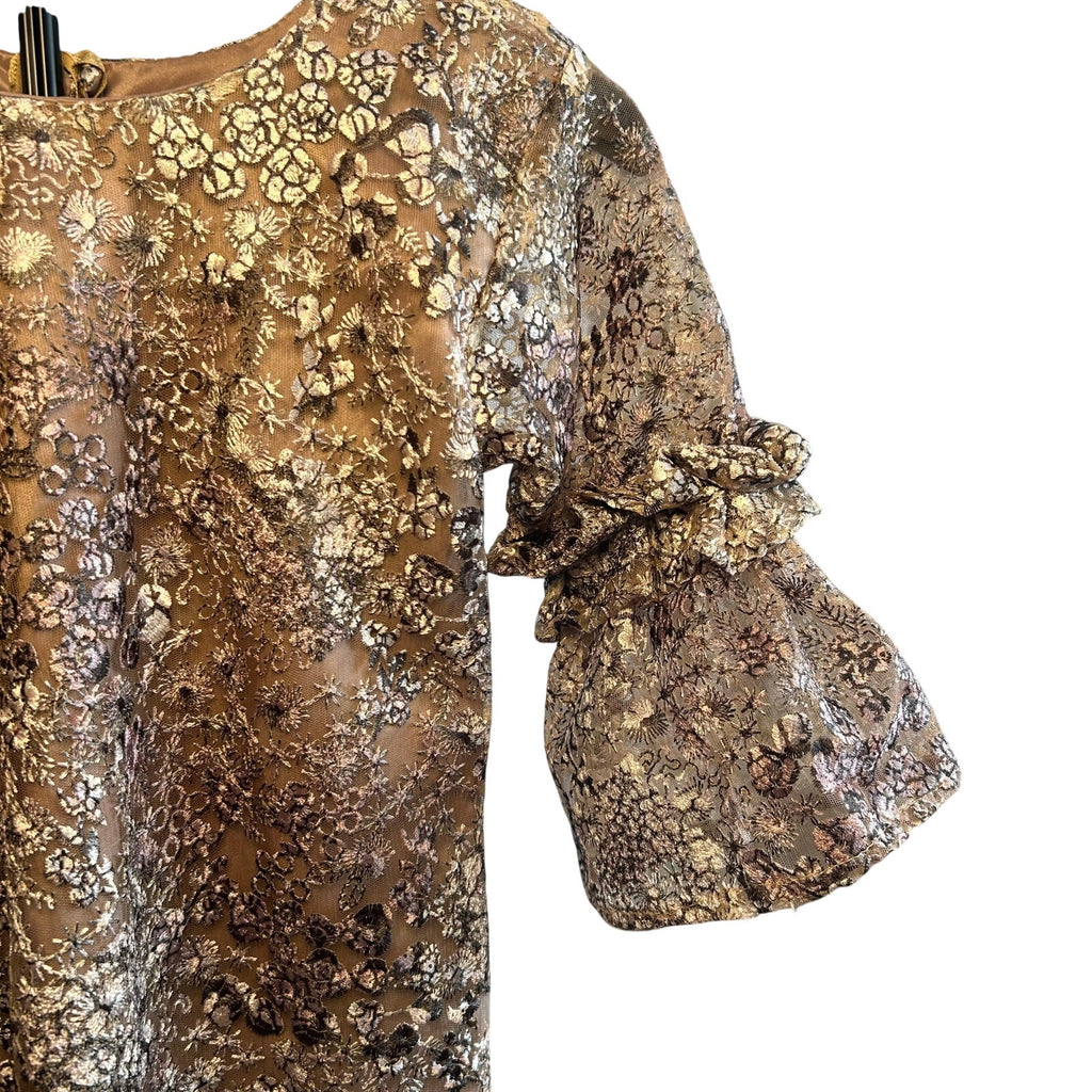 VTG 60s Metallic Floral Lace Dress Bell Sleeve Girls 12 14 or Women XXS Gold