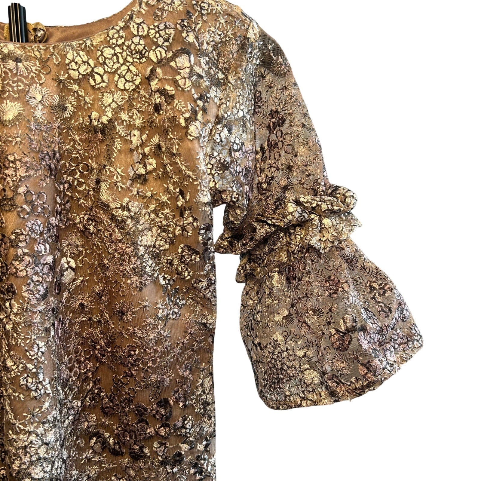 VTG 60s Metallic Floral Lace Dress Bell Sleeve Girls 12 14 or Women XXS Gold