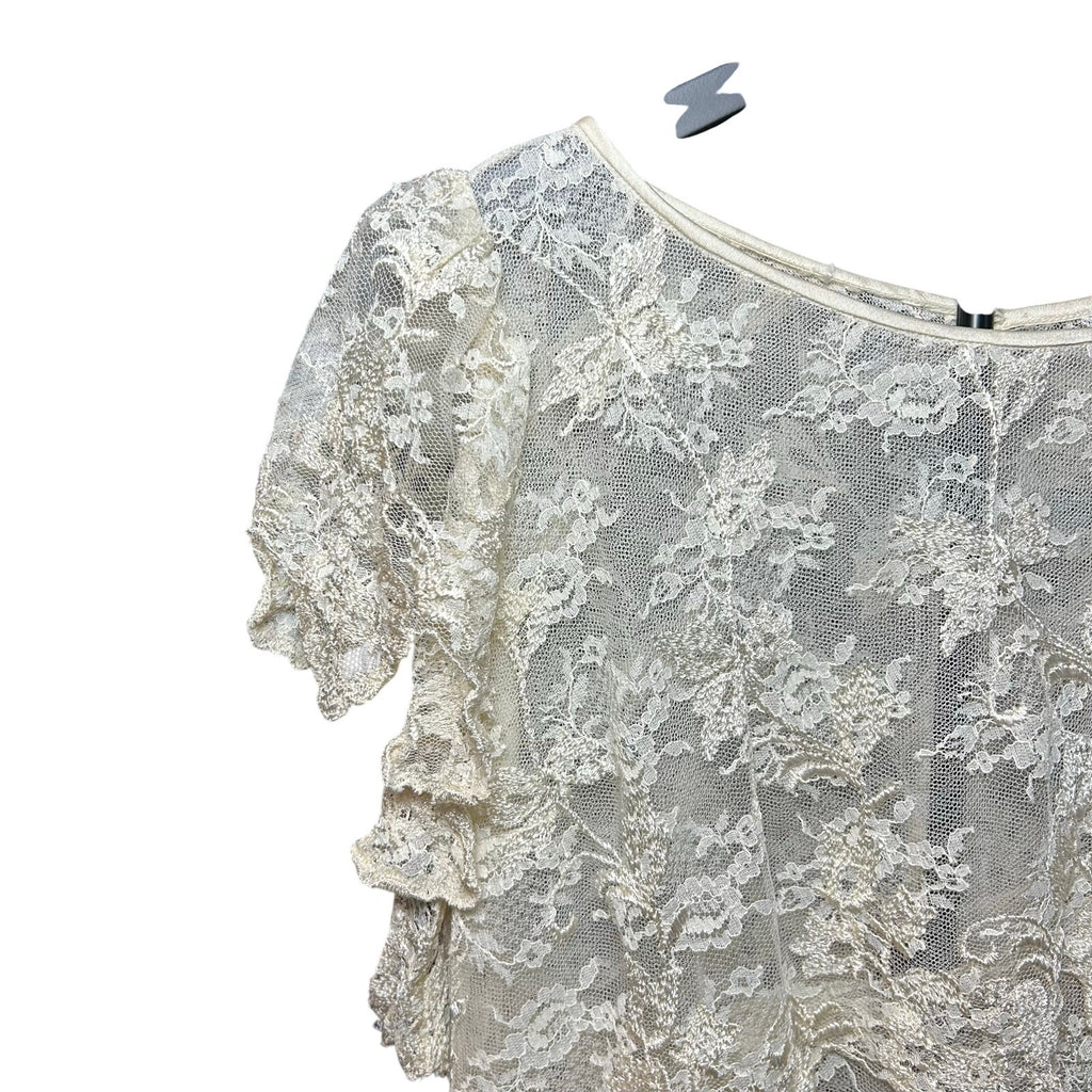 VTG 1960s Sheer Cream Lace Tiered Midi Dress Whimsigoth Bridal Overlay S