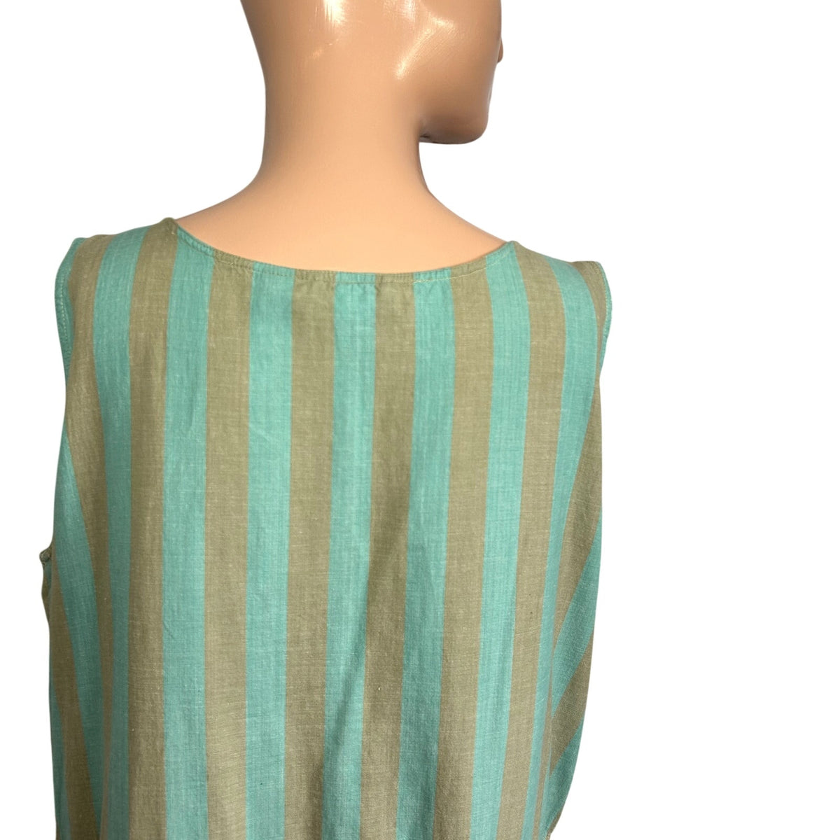 Phool Blue Tan Striped Buttons Pleated Cotton M Midi Dress Coastal Prairie Boho
