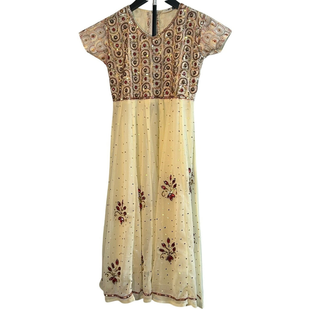 VTG 70s Anmol Indian Metallic Gold Thread Chiffon Dress Boho Whimsigoth XXS