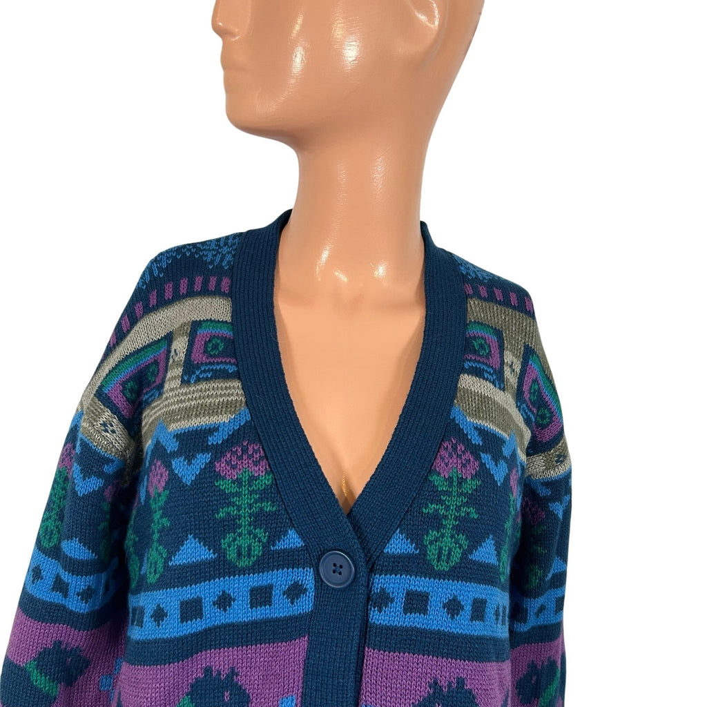 Netflix Stranger Things S Purple Blue Fair Isle Cassette V-Neck Knit Cardigan