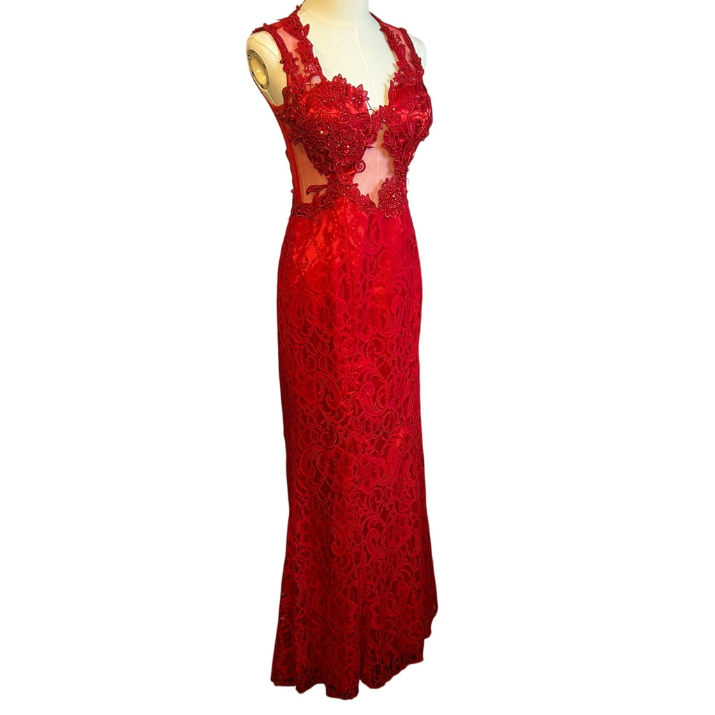 Swing Red Floral Guipure Lace Illusion Gown Size 6 Beaded Prom Gala Dress Wear