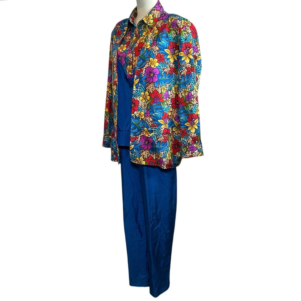 VTG 70s Bechamel 3pc Floral Set Whimsigoth Blue Tropical Jacket Shirt Pants Boho