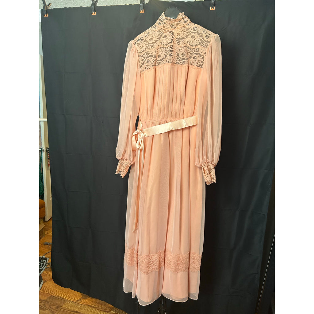 VTG 70s Handmade Peach Lace Maxi Dress Sheer Bishop Sleeve Boho Prairie XS