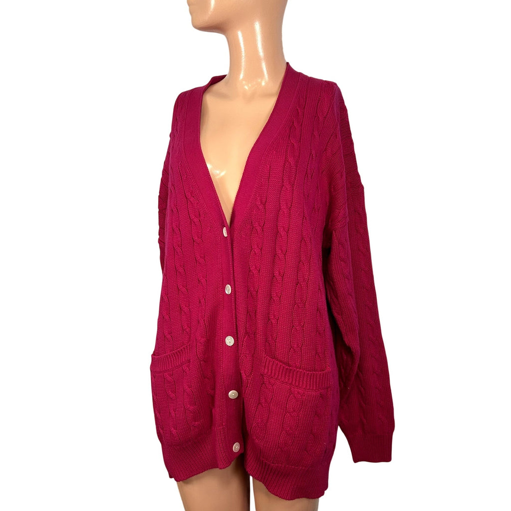 VTG 90s Talbots M Pink Cable Knit Barbiecore Cardigan Sweater Preppy Retro