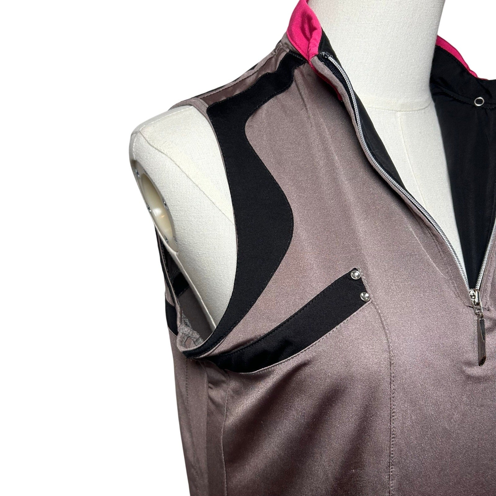 Jamie Sadock Sleeveless Zip Golf Polo Top Grey Pink S Studs Preppy Punk Retro