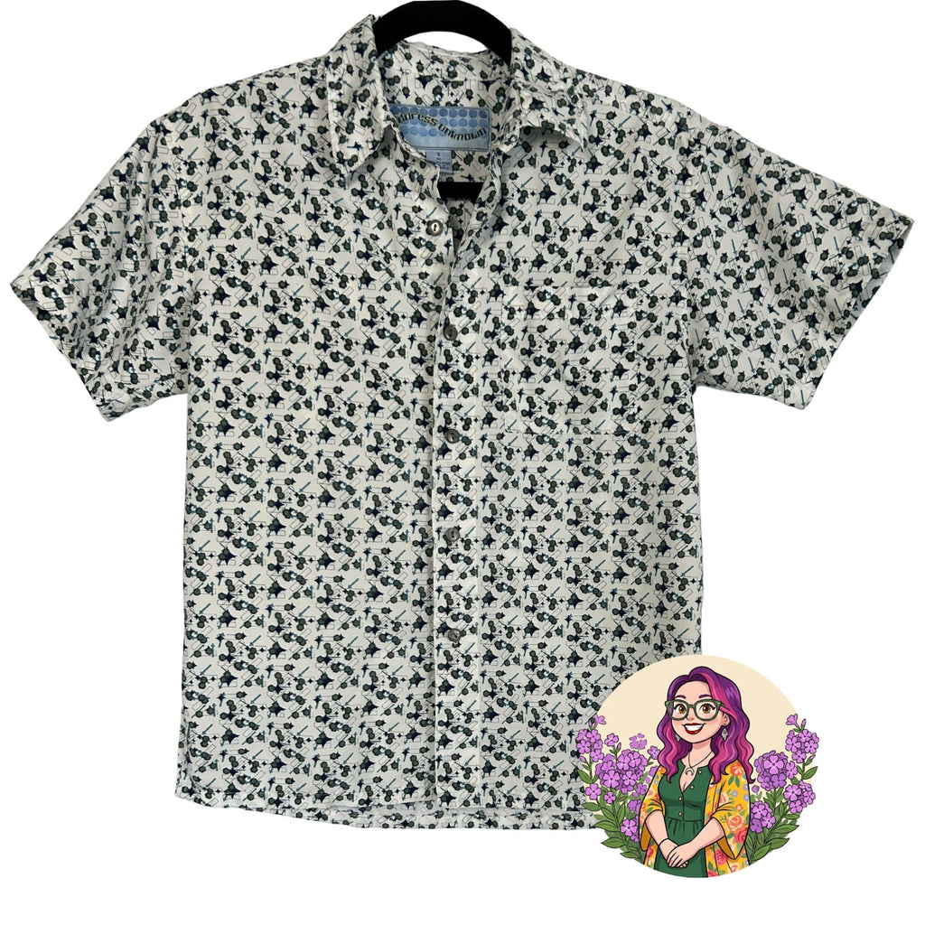 VTG Address Unknown White Teal Navy S Atomic Pattern Retro 90s Mod Poly Button