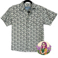 VTG Address Unknown White Teal Navy S Atomic Pattern Retro 90s Mod Poly Button