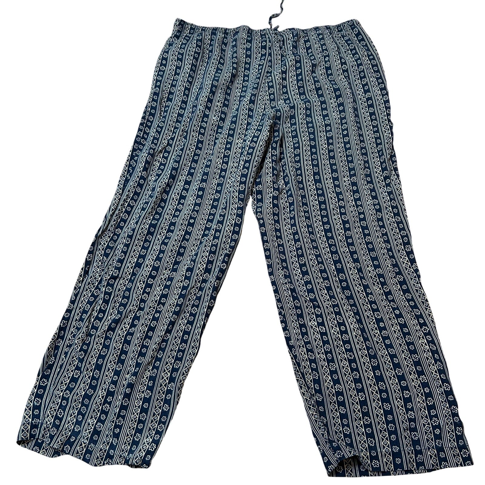 VTG Sag Harbor Petite Floral Rayon Wide Leg Pants Blue 90s L Drawstring