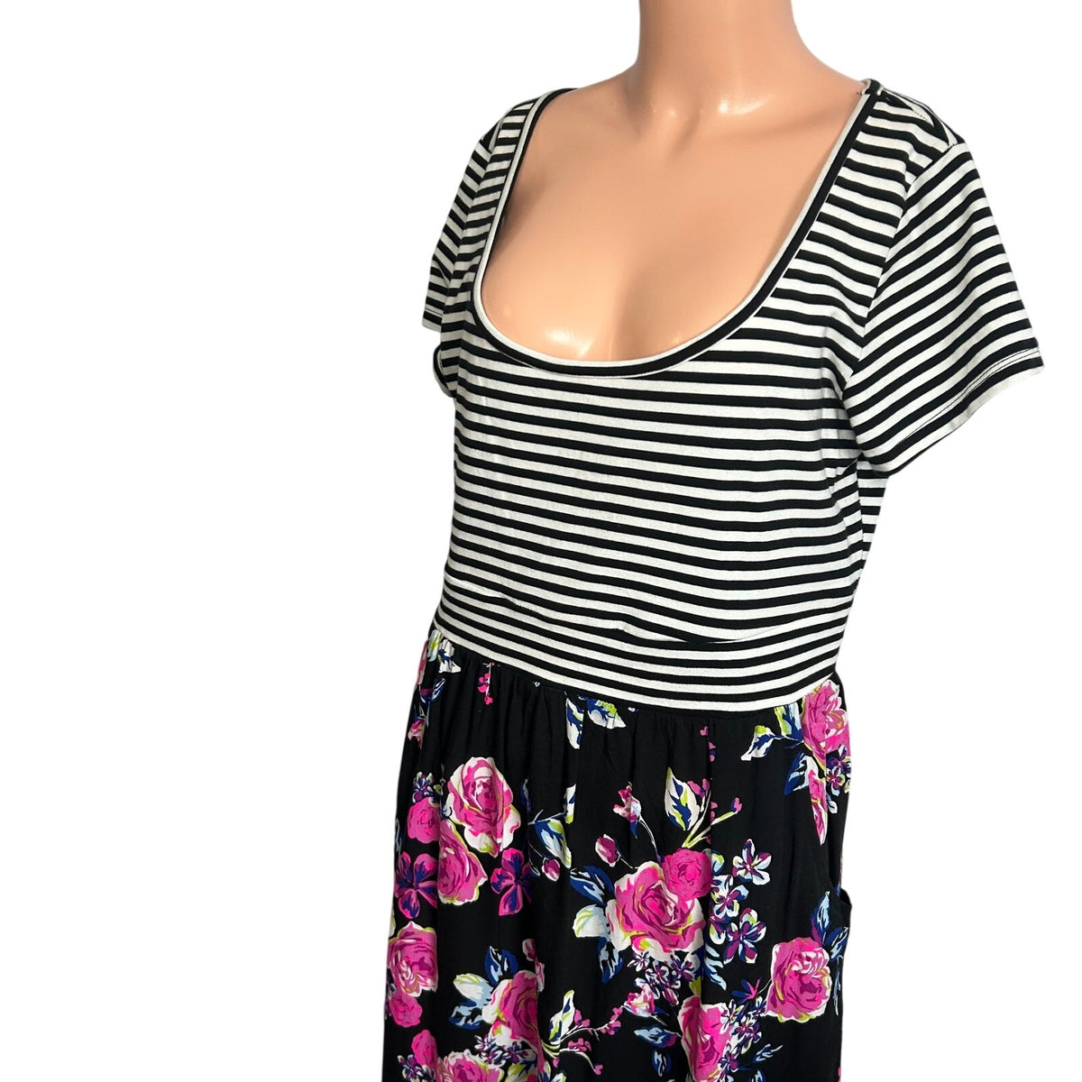 Torrid Plus 0 Black Spring Striped Floral Midi Dress Pockets Casual Teacher Work