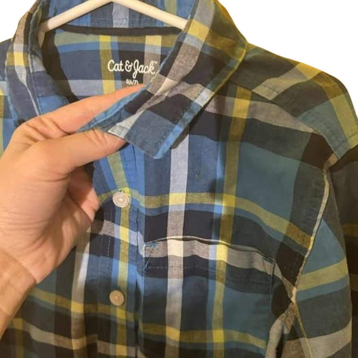 Cat & Jack Boys Blue Green Plaid Shirt Size 6/7 Long Sleeve FLAW