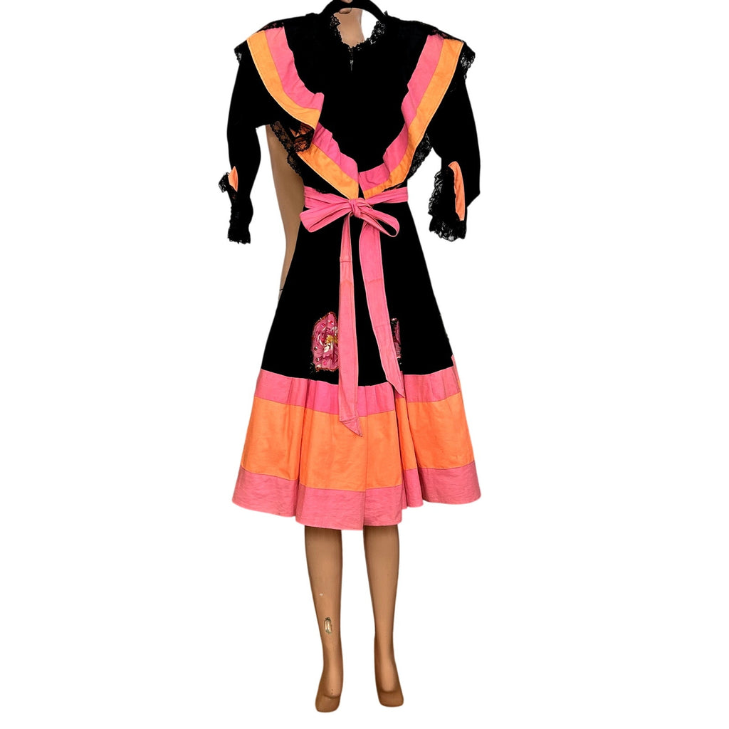 VTG 70s Vintage XS Black Pink Mexican Folkloric Flounce Sequin Dress Retro
