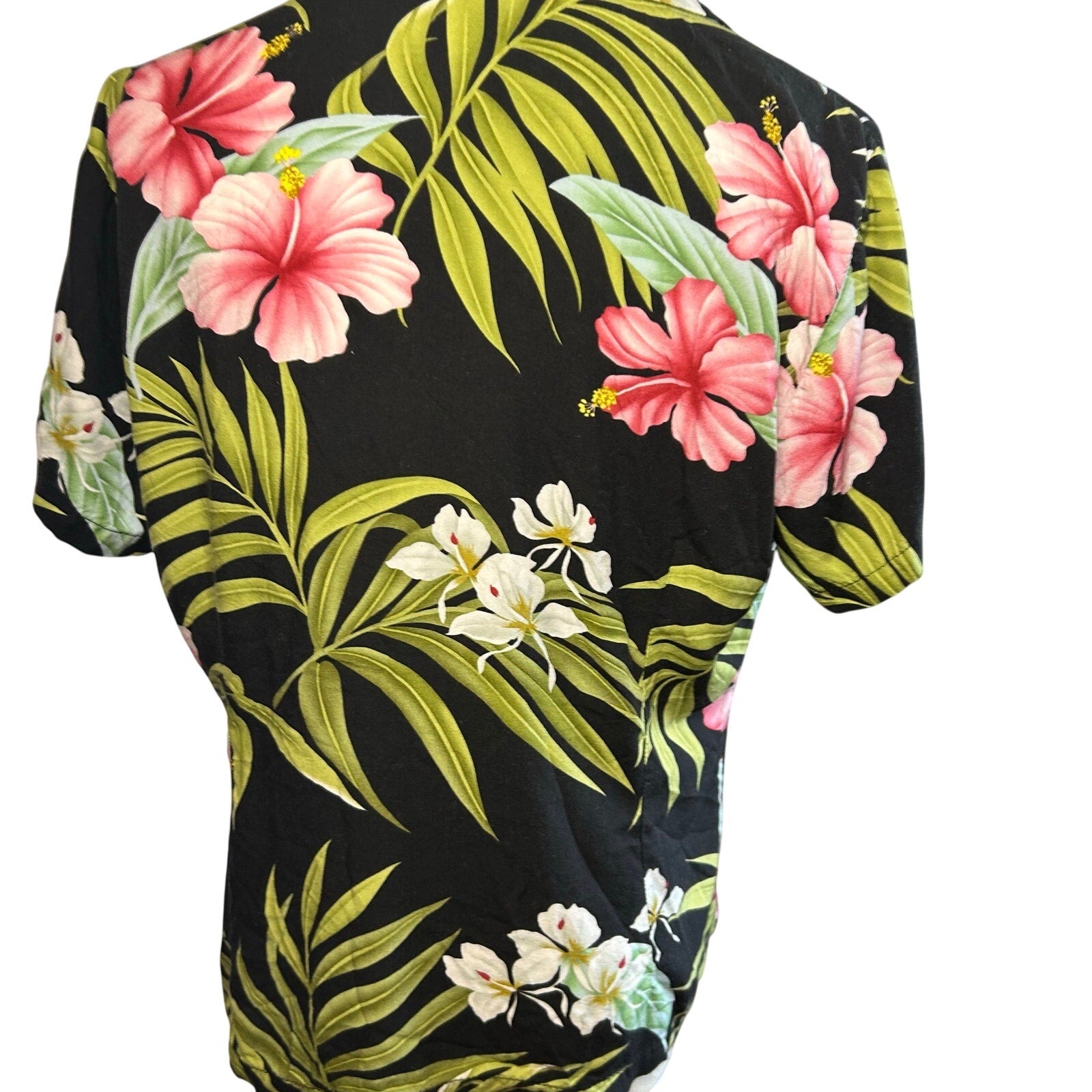 VTG 90s Puanani Hawaiian Shirt Black Floral Medium Tropical Boho Casual Indie