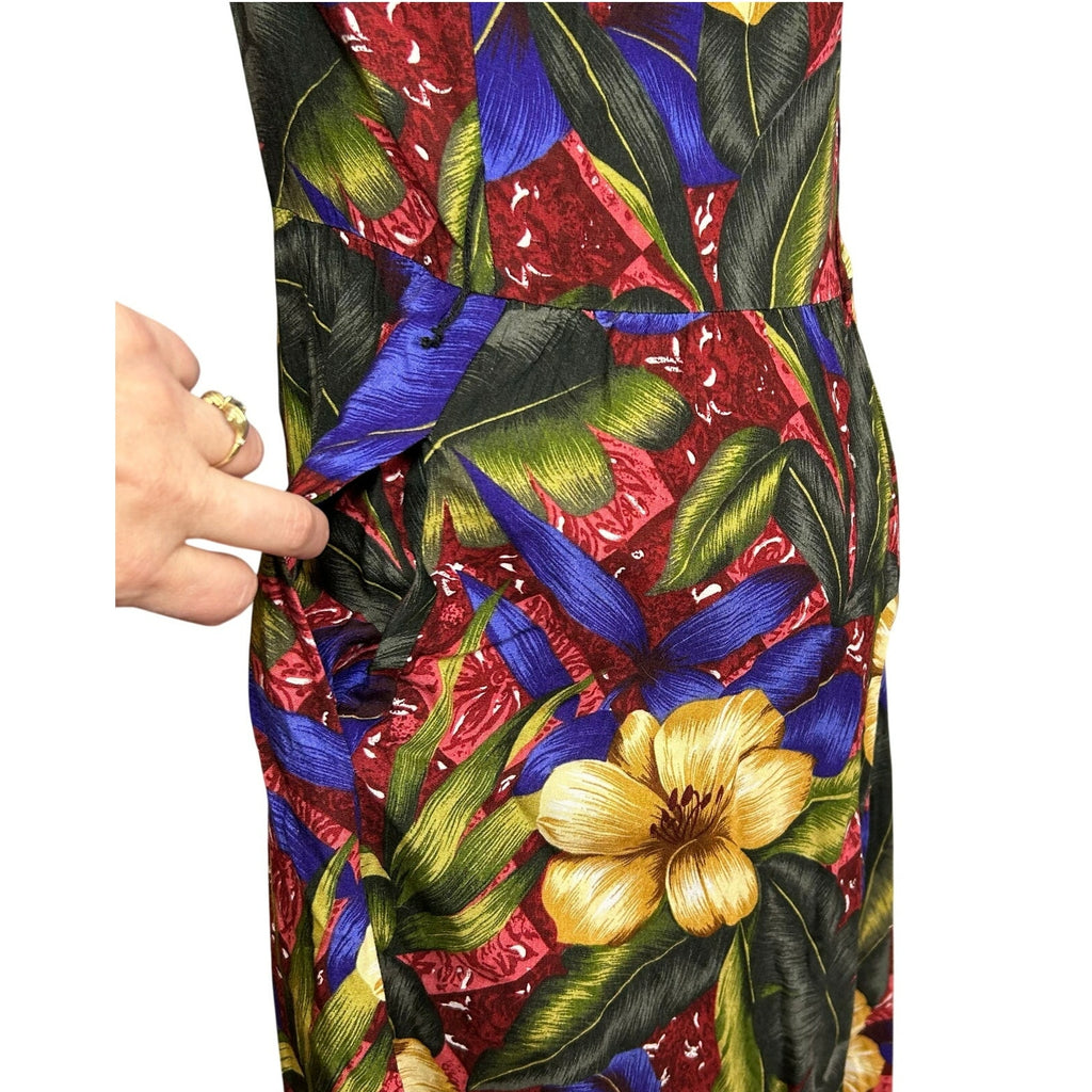 VTG 90s Positive Attitude Tropical Hibiscus Rayon Midi Dress Pockets Size 14