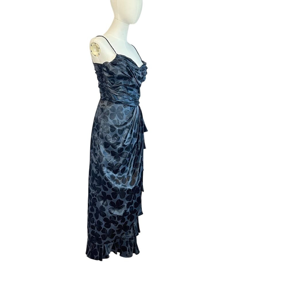 VTG 80s Black Floral Jacquard Prom Gown 2 Romantic Feminine Goth Glam Coquette