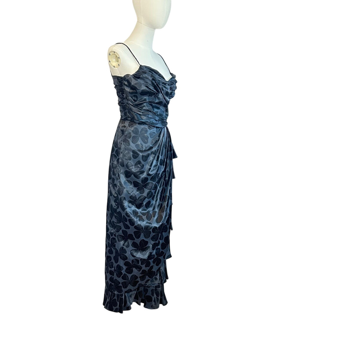 VTG 80s Black Floral Jacquard Prom Gown 2 Romantic Feminine Goth Glam Coquette