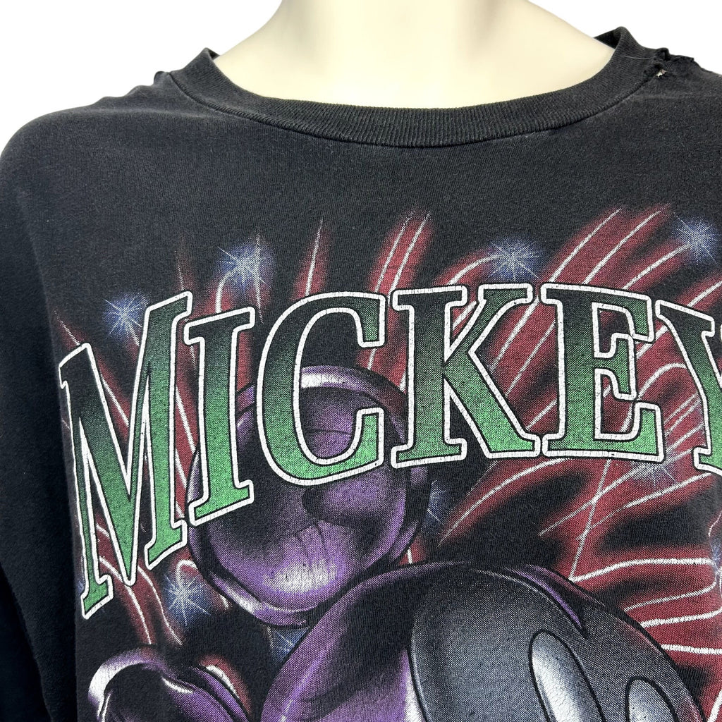 VTG 90s Disney Mickey Unlimited L Black Fireworks T-Shirt Trashed Grunge