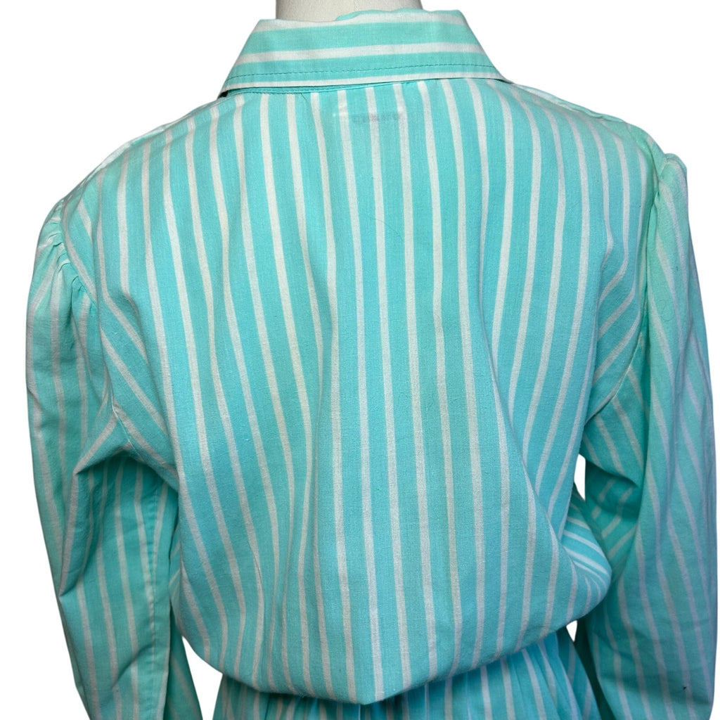 VTG 80s Carriage Court Teal Striped Belted Midi Dress M Retro Preppy Cottage