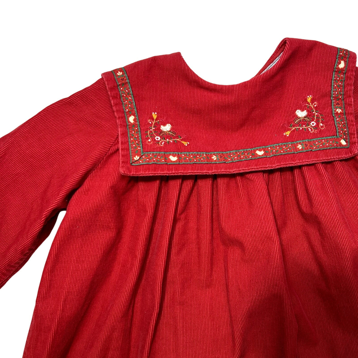 VTG 90s Jacadi Paris 3T Red Corduroy Sailor Collar Birdhouse Dress Embroidered