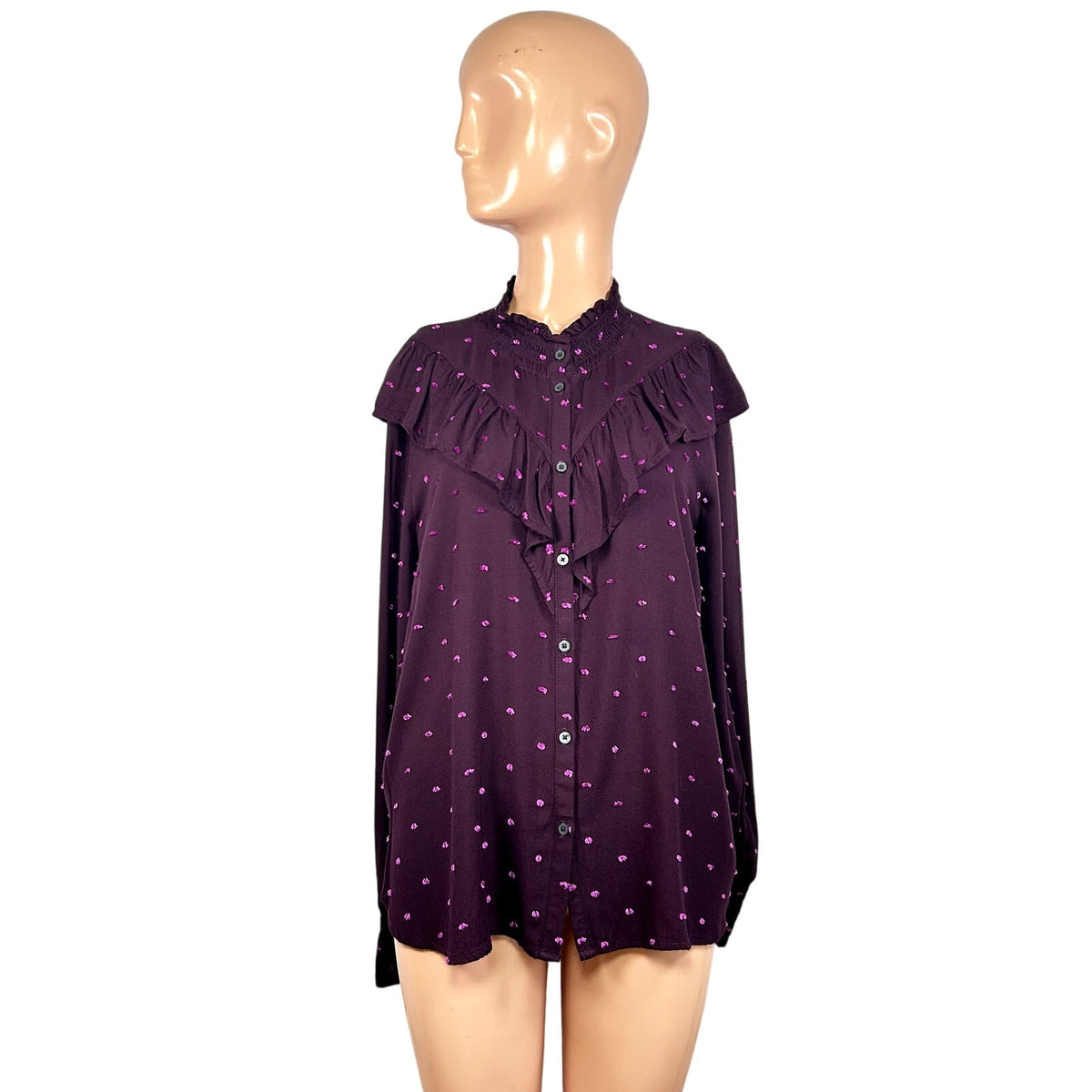 LOFT M Purple Blouse Swiss Dot Smocking Coquette Ruffle Feminine Chic Clown Boho
