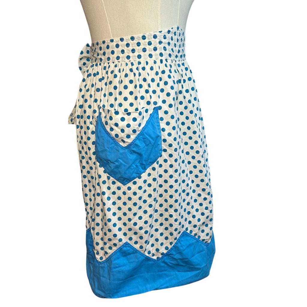 VTG Blue White Cotton Apron Handmade Pocket Polka Dot Cottage Retro Western Boho