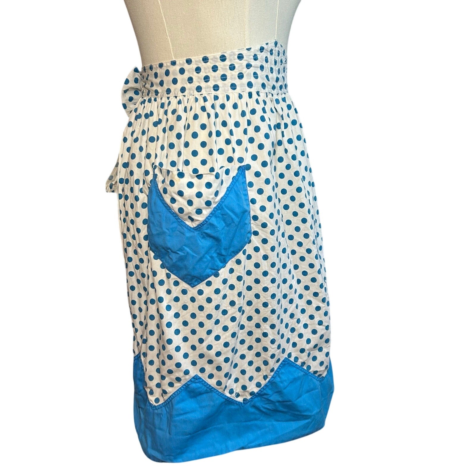 VTG Blue White Cotton Apron Handmade Pocket Polka Dot Cottage Retro Western Boho