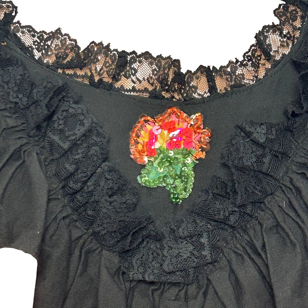 VTG 70s Vintage XS Black Pink Mexican Folkloric Flounce Sequin Dress Retro