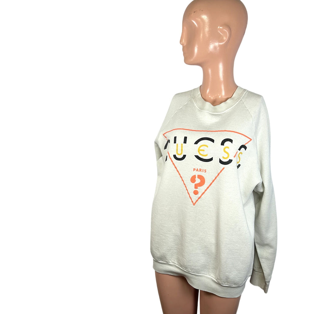 VTG 80s Guess Paris M White Sweatshirt Triangle Logo Dolman Sleeve Streetwear
