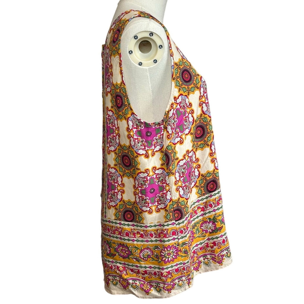 Boho Multicolor Print Rayon Sleeveless Top Large Indie Retro Casual Loungewear