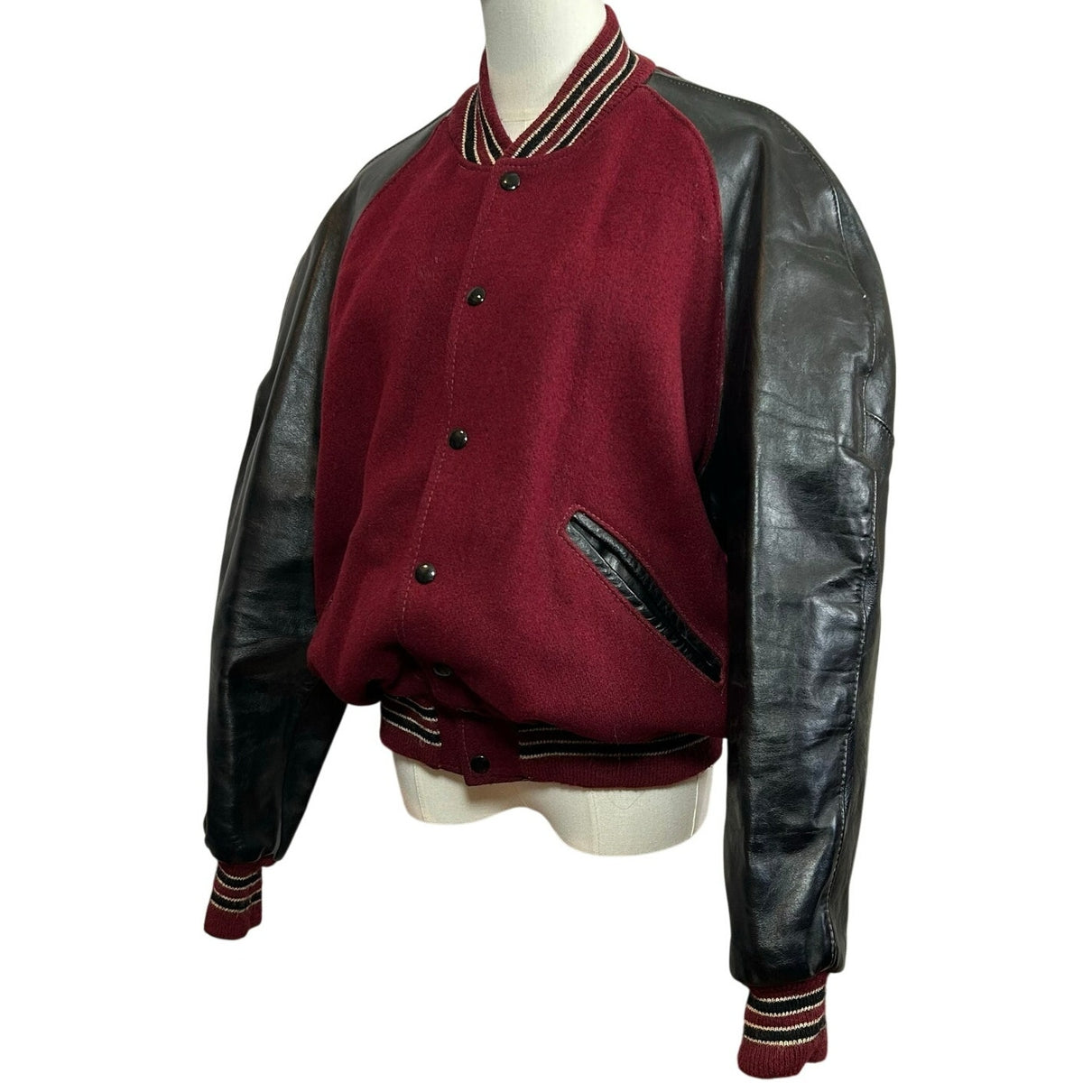 VTG 80s DeLong Archival Varsity Letter Jacket Maroon Black Leather 42 Grunge