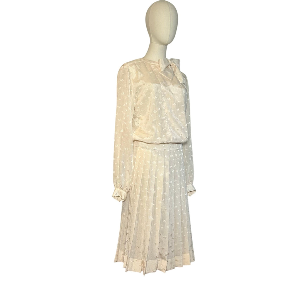 VTG 70s White Pussy Bow Pleated M Midi Dress Retro Twee Preppy Coquette Wedding