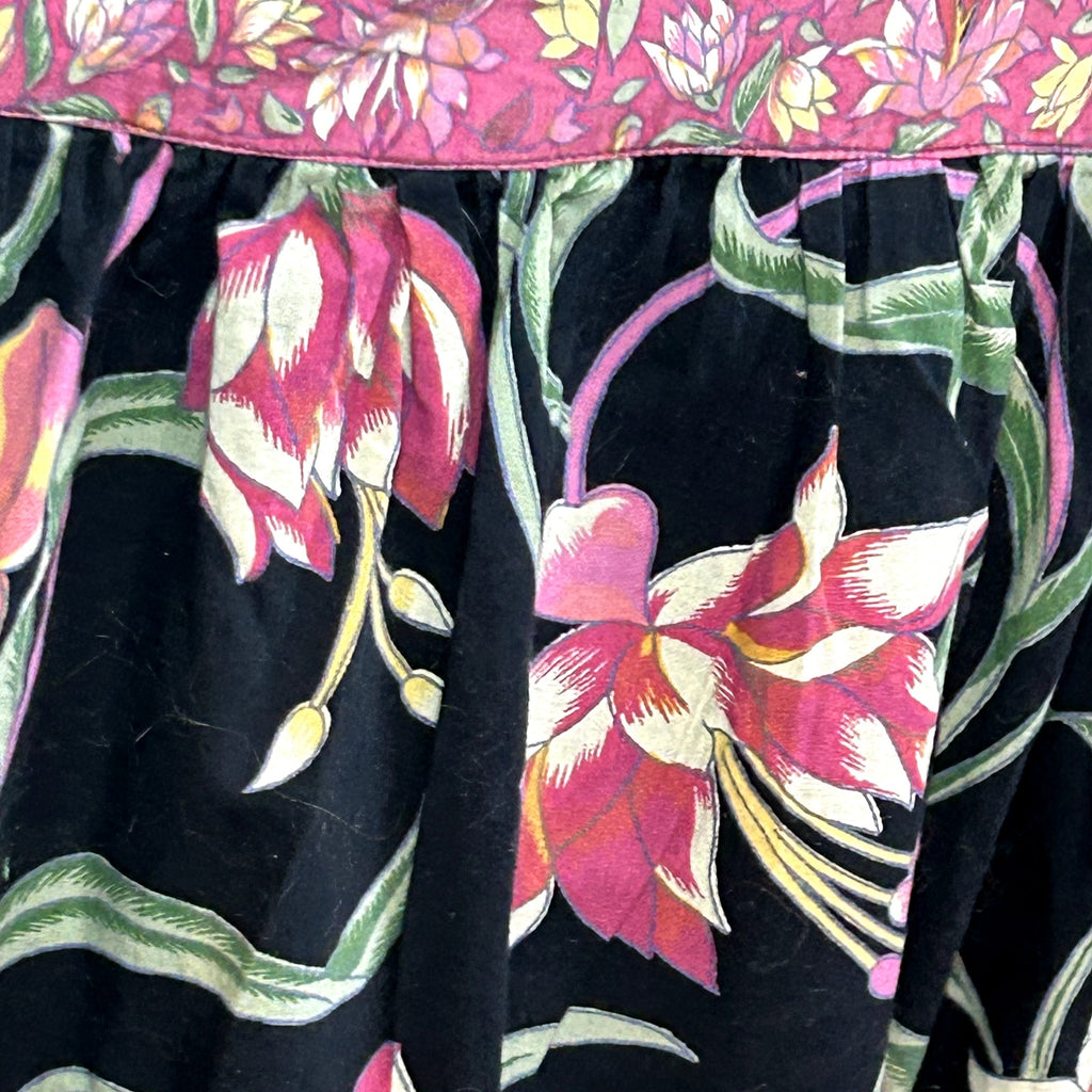 VTG 80s Upcycled M Black Pink Tiered Ruffle Midi Skirt A-Line Floral Boho Pocket