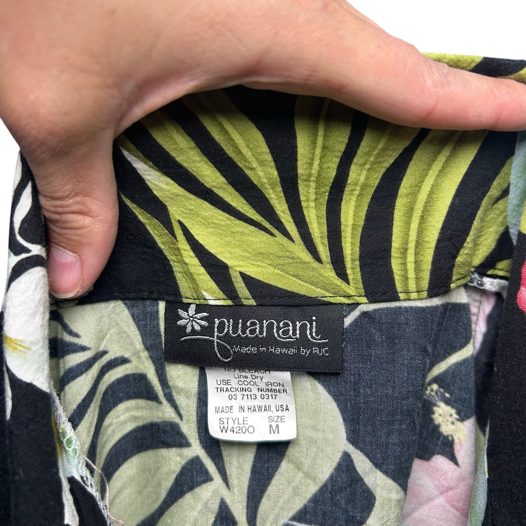 VTG 90s Puanani Hawaiian Shirt Black Floral Medium Tropical Boho Casual Indie