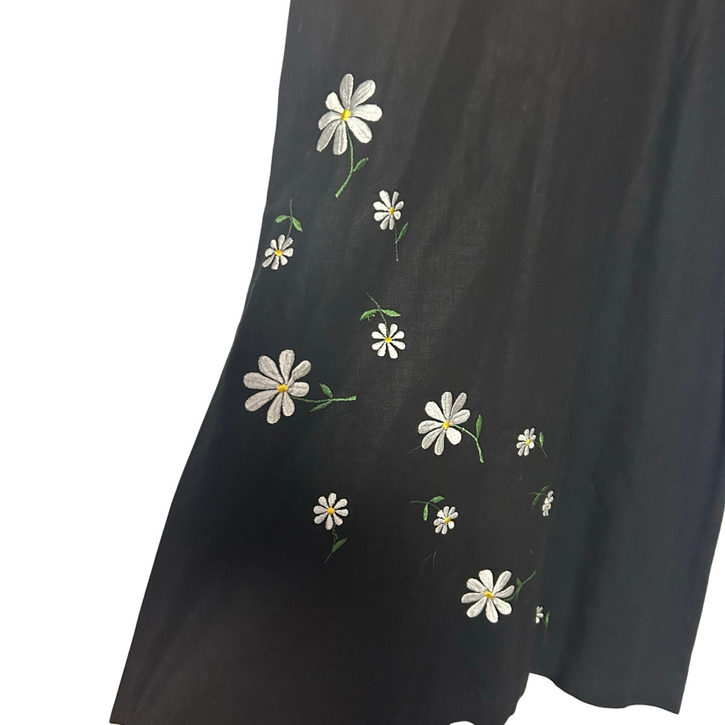 VTG Stonebridge Daisy Embroidered Shift Dress Black Sz 8 Linen Blend Whimsygoth