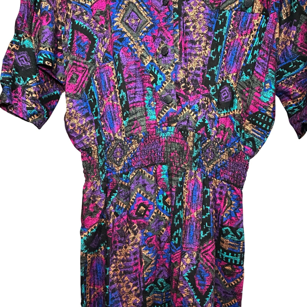 VTG En Focus Geometric Jumpsuit Purple L Rayon Southwestern Boho 90s USA Made