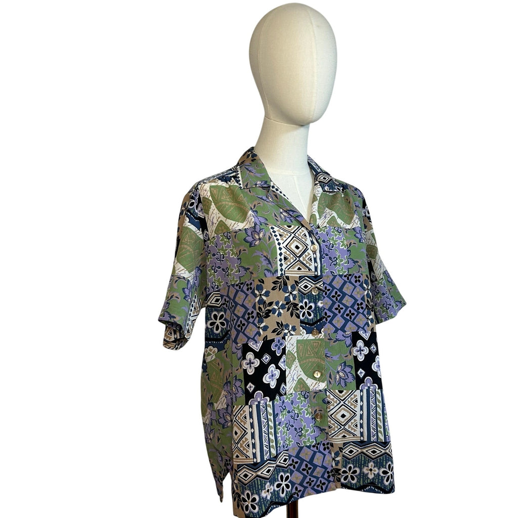VTG 90s DonnKenny L Purple Green Patchwork Print Top Indie Maximalist Retro Boho