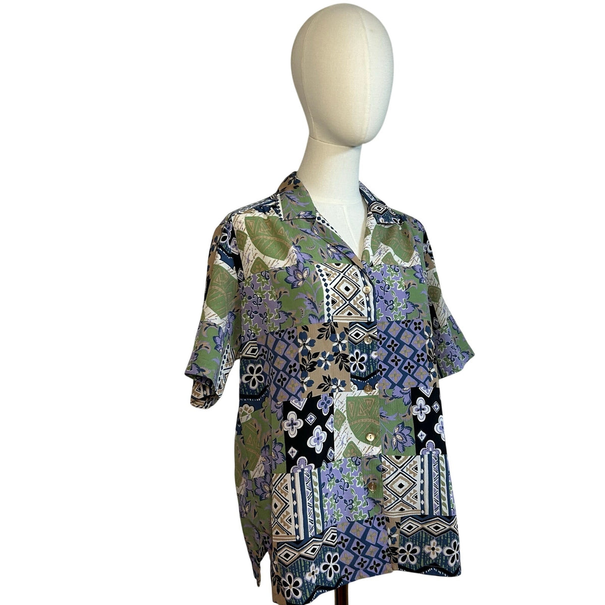 VTG 90s DonnKenny L Purple Green Patchwork Print Top Indie Maximalist Retro Boho
