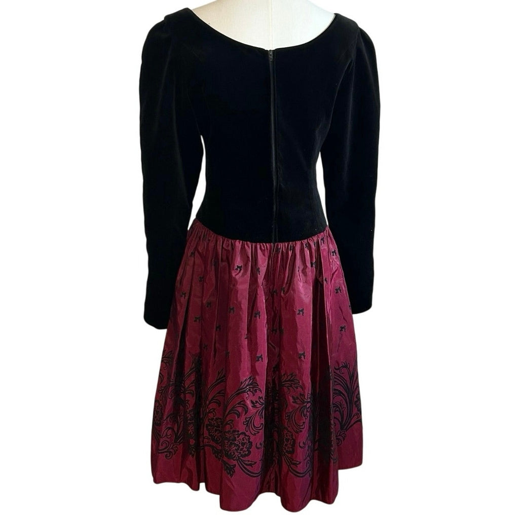 VTG 90s Laura Ashley Black Red Velvet 12 Midi Dress Long Sleeve Whimsigoth