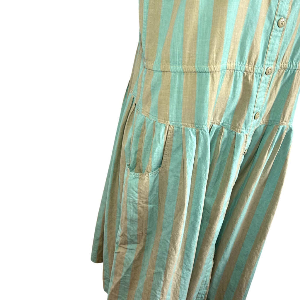 Phool Blue Tan Striped Buttons Pleated Cotton M Midi Dress Coastal Prairie Boho