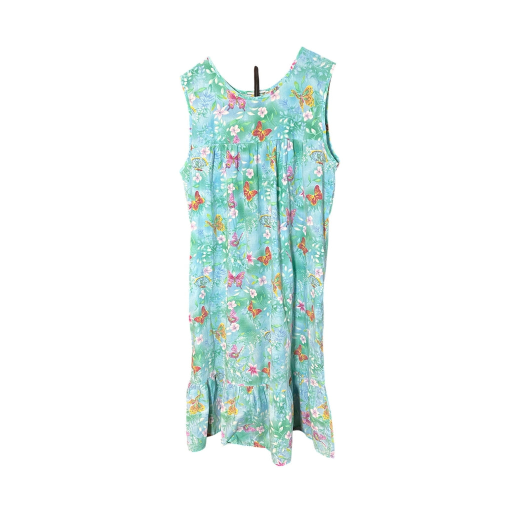 VTG Butterfly Floral Cotton Feel House Dress Blue Green XL Single Side Pocket