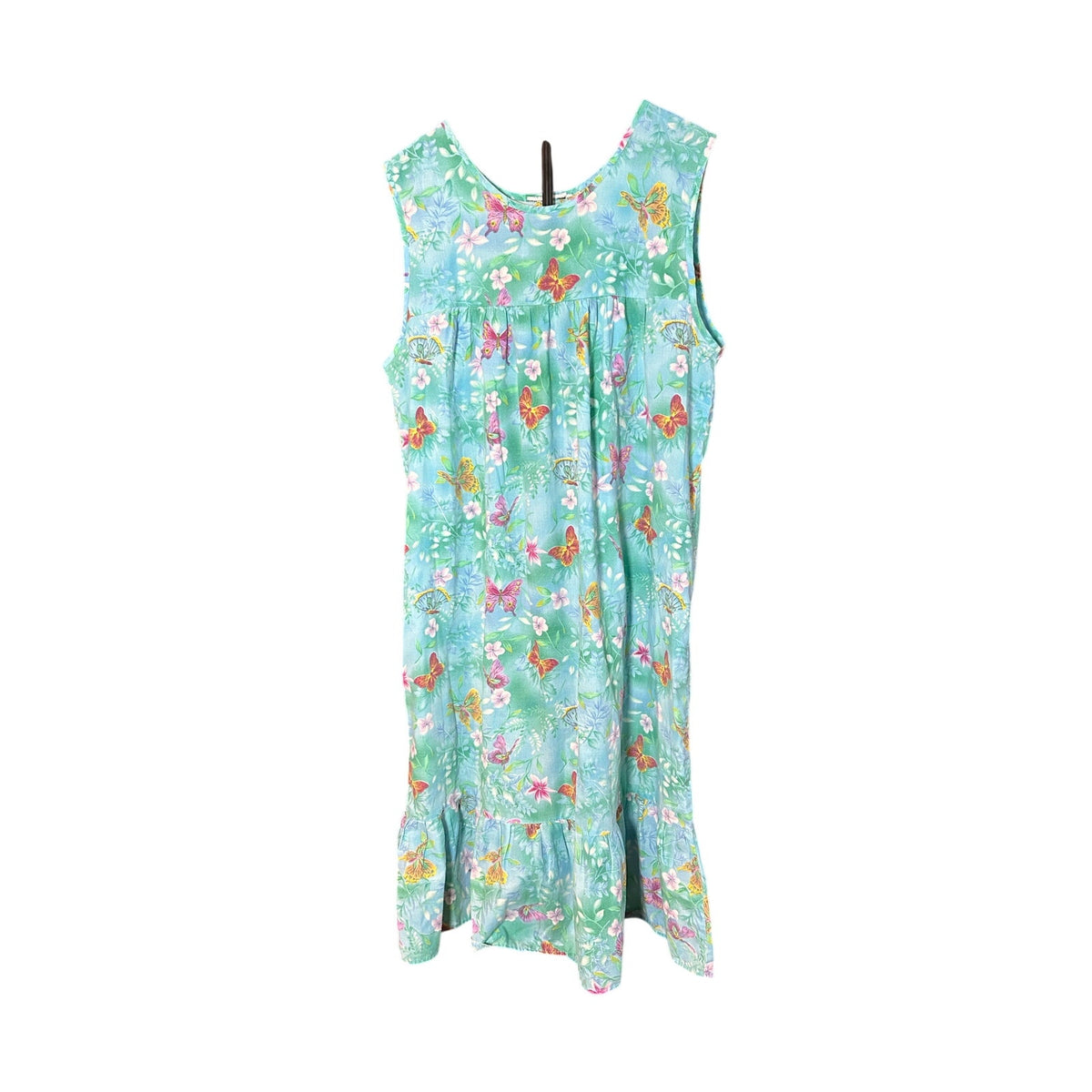 VTG Butterfly Floral Cotton Feel House Dress Blue Green XL Single Side Pocket