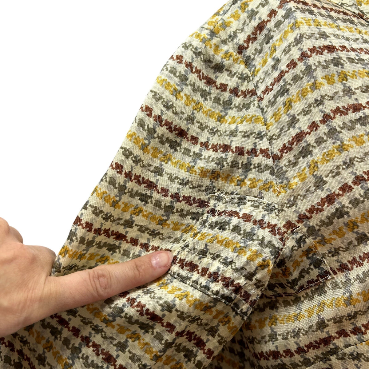 VTG 70s Sir Norman Hartnell M Tan Silk Houndstooth Pussy Bow Couture Blouse