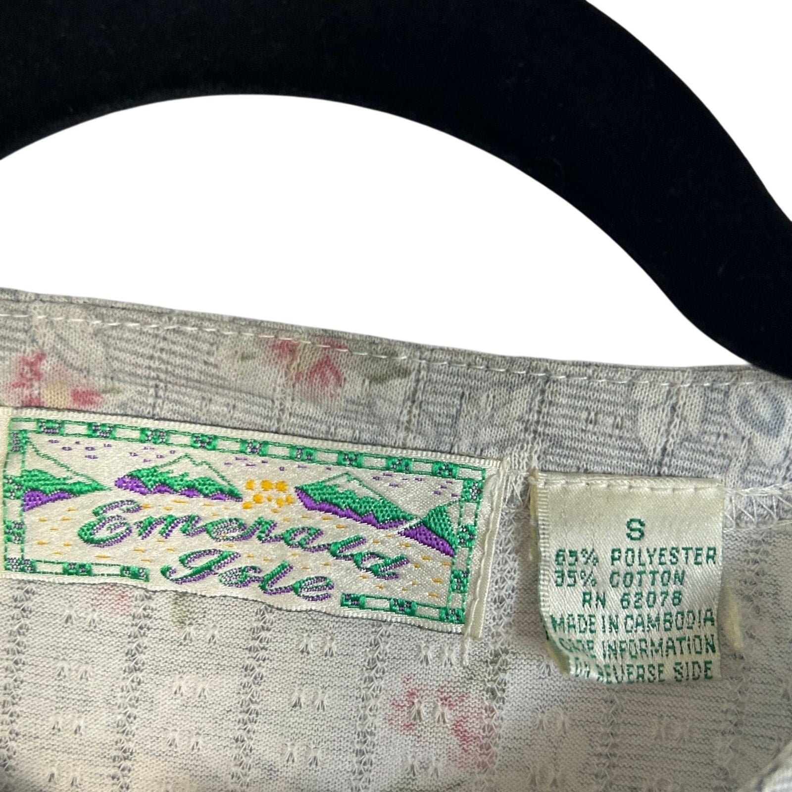 VTG Emerald Isle Grey Floral Ribbed Henley Top Small Grannycore 90s Shoulder Pad