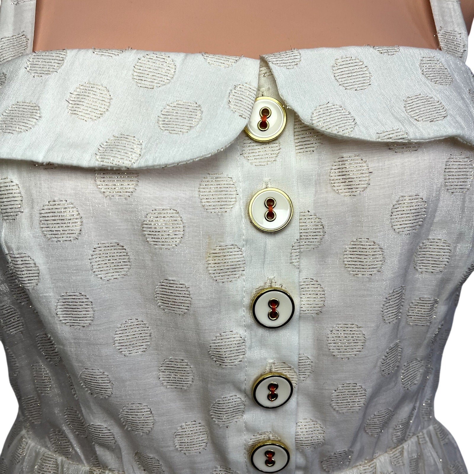 Free People Metallic Polka Dot Dress S Smocked Button Down Knee Length Cottage