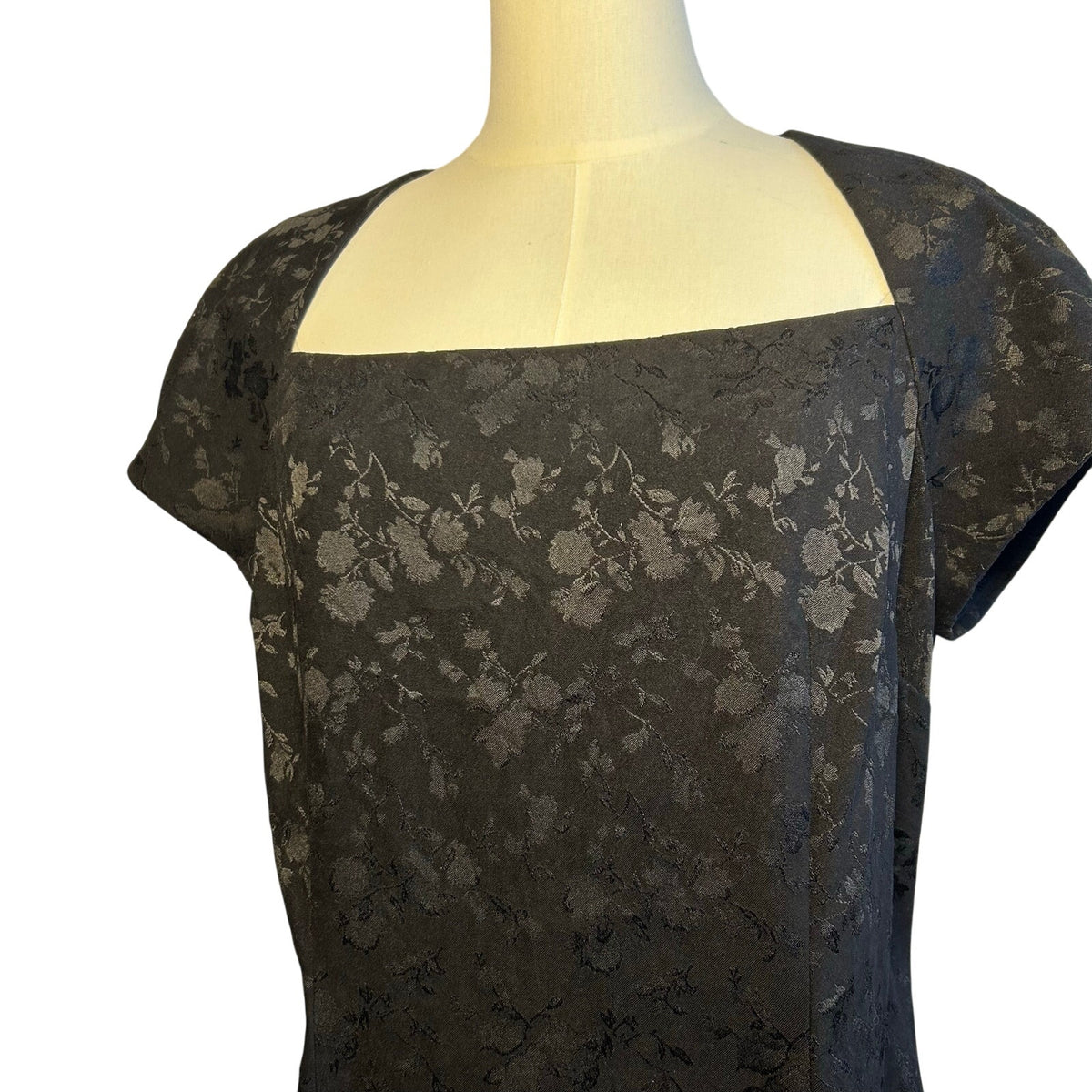 VTG 90s CDC Caren Desiree Black Floral Jacquard Dress Square Neck Midi Size 14