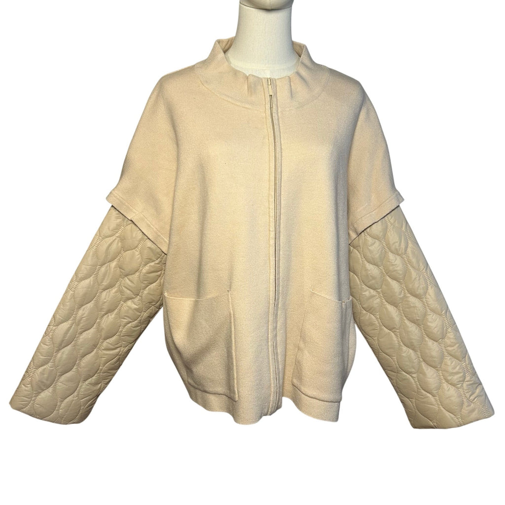 Vince Camuto Cozy Season Mixed Media Cardigan Jacket Quilted Sleeves Stone L NWT
